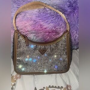 Prada Tan and Silver Studded Shoulder Bag